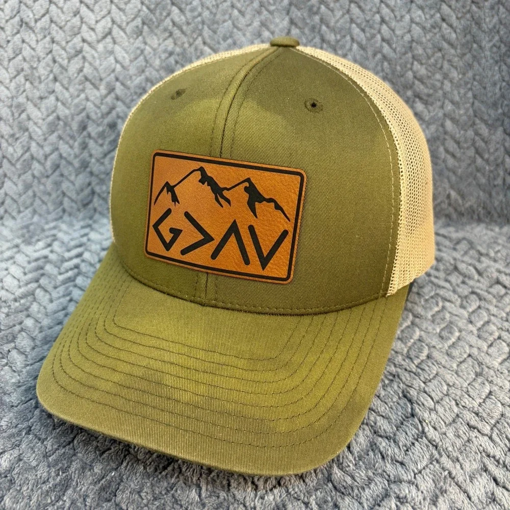 God Is Greater Than The Highs Lows Trucker Hat Green Tan Mesh Snapback Cap